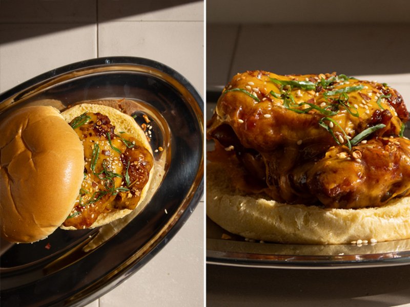 Hamburguesa de pollo con salsa gochujang